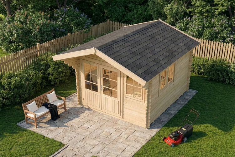 Garten Szene mit Holz Gartenhaus, Gartenbank und Rasenmäher auf Rasen