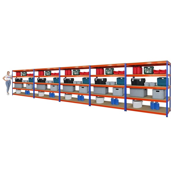 PROREGAL Mega Deal 5x Profi Schwerlastregal Bison HxBxT 200 x 180 x 60 cm 5 Fachböden Fachlast 600 kg Blau-Orange