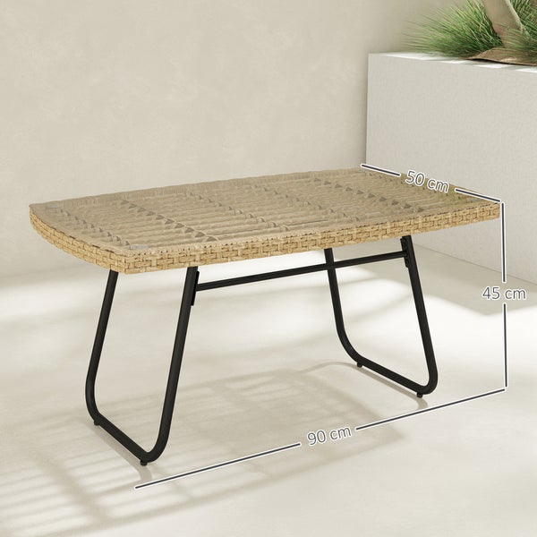 Outsunny Polyrattan Gartentisch, 90 x 50 x 45 cm, UV-beständig Beistelltisch mit Glasplatte, rechteckiger Terrassentisch, Balkontisch für Garten, Terrasse, Balkon Naturholz