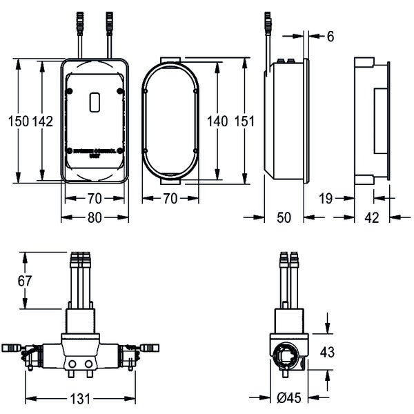Technische Zeichnung einer Hygiene-Steuereinheit mit Maßangaben in Millimetern, Front-, Seiten- und Detailansichten.