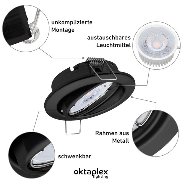 Spots schwenkbar Dijon 2700K LED Modul 4,8W 230V 380lm Warmweiß Einbauleuchten Schwarz Lochmaß 68mm