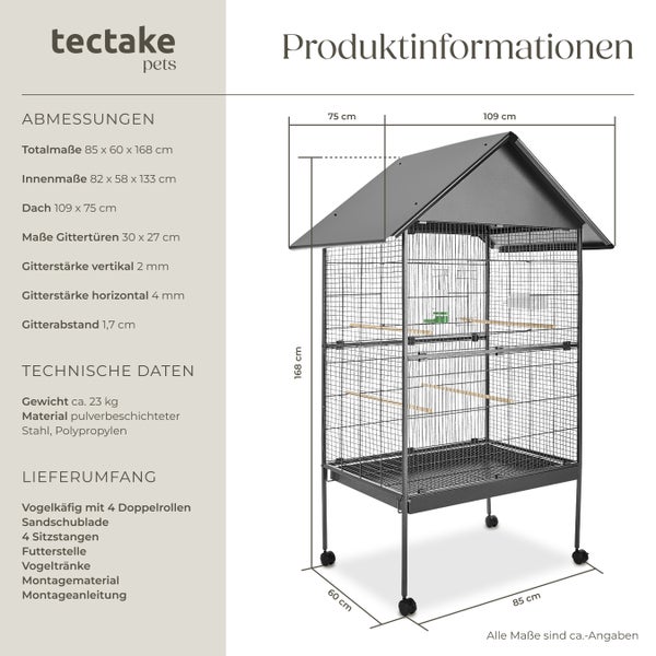 Vogelkäfig tectake Bubi 85 x 60 x 168 cm in Hammerschlagoptik anthrazit
