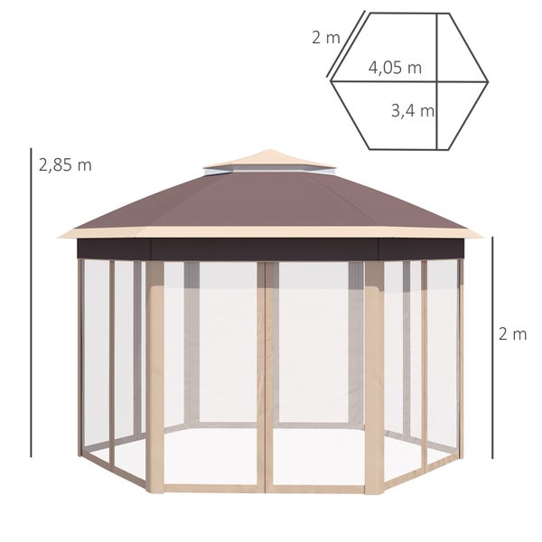 Outsunny Gartenpavillon, 6 Seitenteile, Doppeldach, sechseckig, 4 x 4 m, Metall, Polyesterstoff, Mesh, Beige+Khaki
