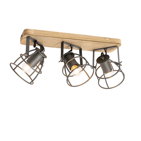 Dreiflammige Deckenleuchte mit Holzplatte und verstellbaren Metallgitterstrahlern im Industrial Stil