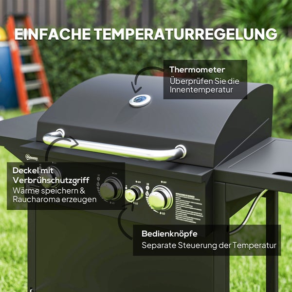 Outsunny Gasgrill 9,5 KW Grillwagen inkl 4 Brenner Seitenkocher Rolle Druckminderer Gasschlauch Deckel 2 Heizzonen Thermometer Seitenablagen, BBQ Gartengrill für Balkon, Grill 123x57x98 cm
