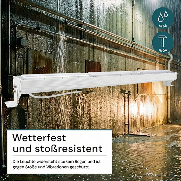 Weiße LED-Leuchte montiert an einer nassen Wand bei starkem Regen, staubdicht, strahlwassergeschützt sowie stoß- und vibrationsfest.