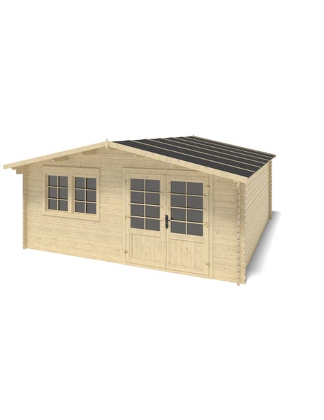Gartenhaus aus hellem Holz mit Satteldach, Doppeltür mit Lichtausschnitten und zwei Sprossenfenstern an der Vorderseite.
