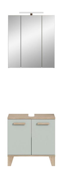 Badezimmermöbel Set bestehend aus einem Spiegelschrank mit Beleuchtung und einem Waschtischunterschrank mit zwei Türen in Holzoptik.