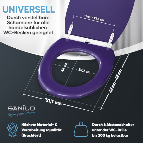 Sanilo Logo. Universeller WC-Sitz, 37,7 mal 46 bis 48 Zentimeter. Bruchfester Toilettensitz, belastbar bis 200 Kilogramm mit verstellbaren Scharnieren.