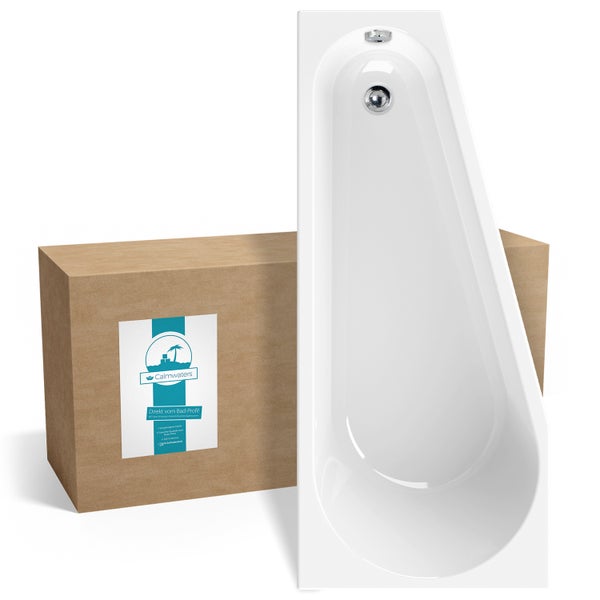 Weiße asymmetrische Badewanne mit verchromtem Ab- und Überlauf neben einem Karton mit Calmwaters Logo.