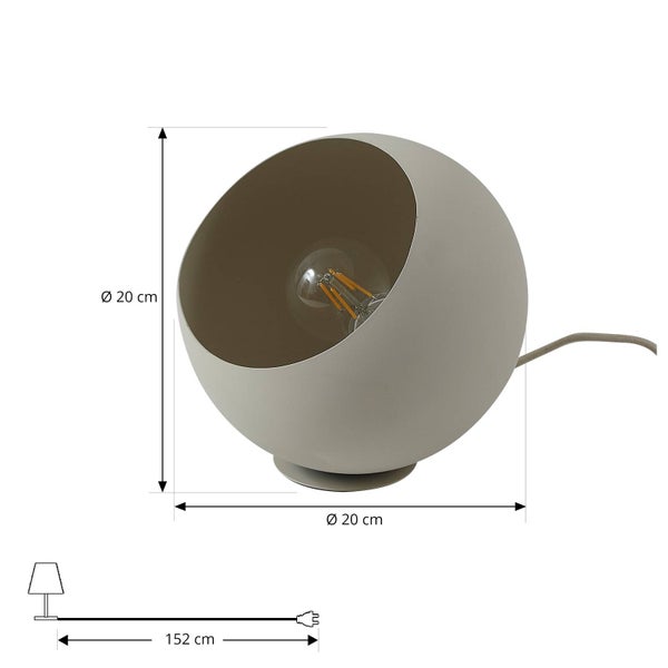 Kugelförmige Tischleuchte mit einer Öffnung, Durchmesser 20 Zentimeter und Kabellänge 152 Zentimeter.