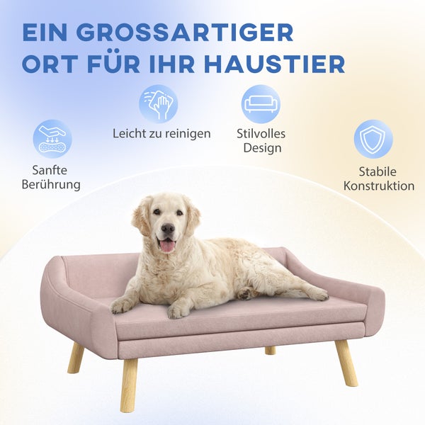PawHut Hundesofa Katzensofa mit Rückenlehne, Hundecouch mit Holzbeine, Haustiersofa mit Kissen, Hundebett für mittelgroße und große Hunde, Samt, Rosa, 102 x 58,5 x 42,5 cm