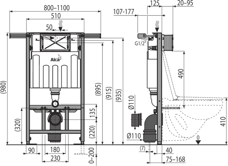 Technische Zeichnung eines Alca Vorwandelements für Toiletten mit Maßangaben in Millimetern für Frontansicht und Seitenansicht zur Montage.