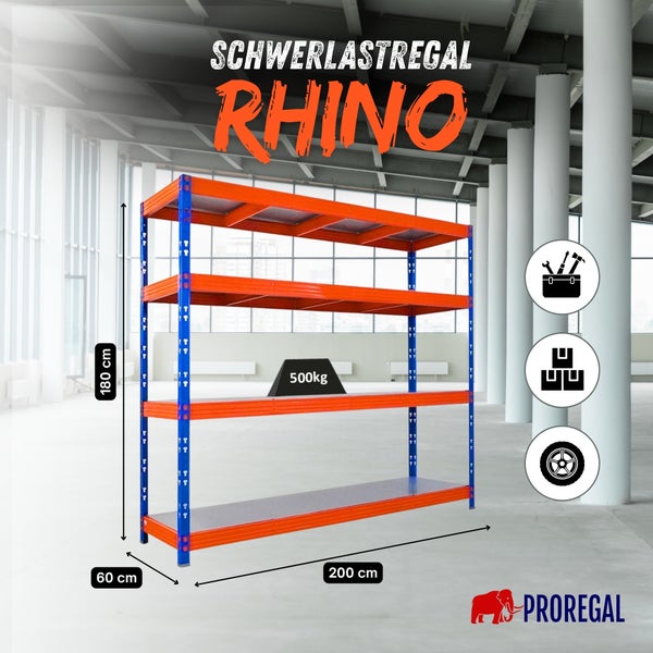 Blau-oranges Schwerlastregal Rhino von Proregal in einer Lagerhalle, 180 mal 200 mal 60 Zentimeter, Tragkraft 500 Kilogramm je Boden. Proregal Logo.