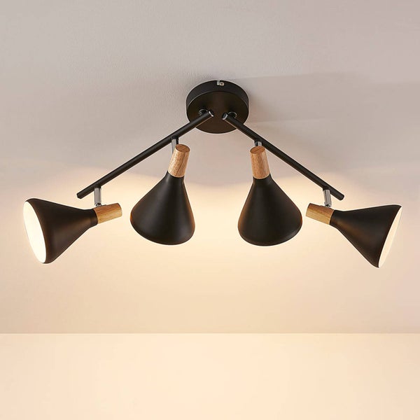 Deckenleuchte mit vier Strahlern, Holz und Metall