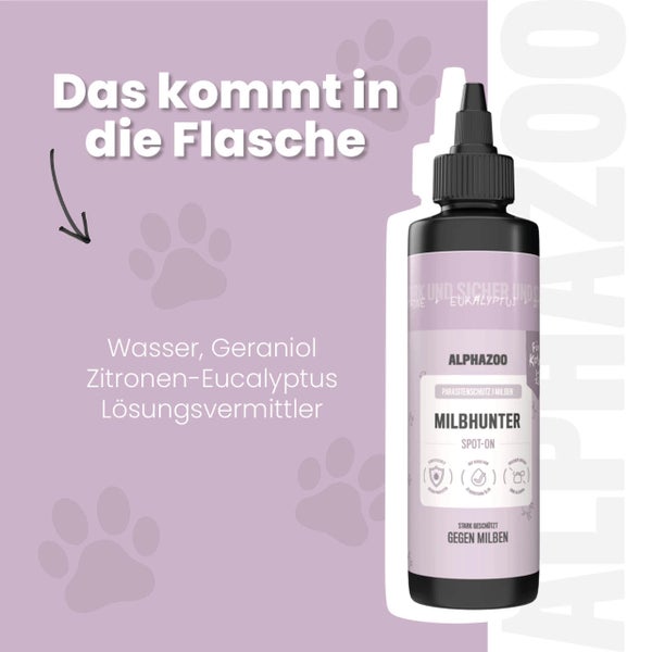 Alpha Zoo Milbhunter Spot-on gegen Milben in einer schwarzen Flasche