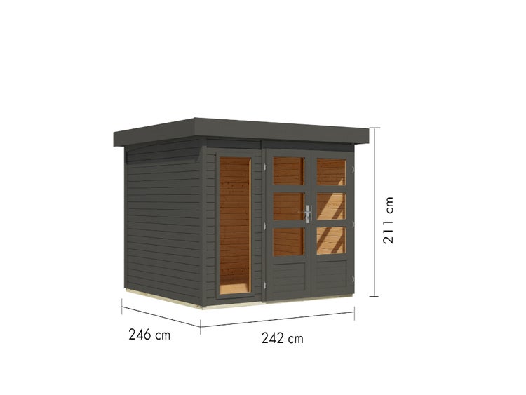 Gartenhaus Holz Anthrazit, Flachdach, Doppeltür, Fenster. Maße: Breite 242 Zentimeter, Tiefe 246 Zentimeter, Höhe 211 Zentimeter.