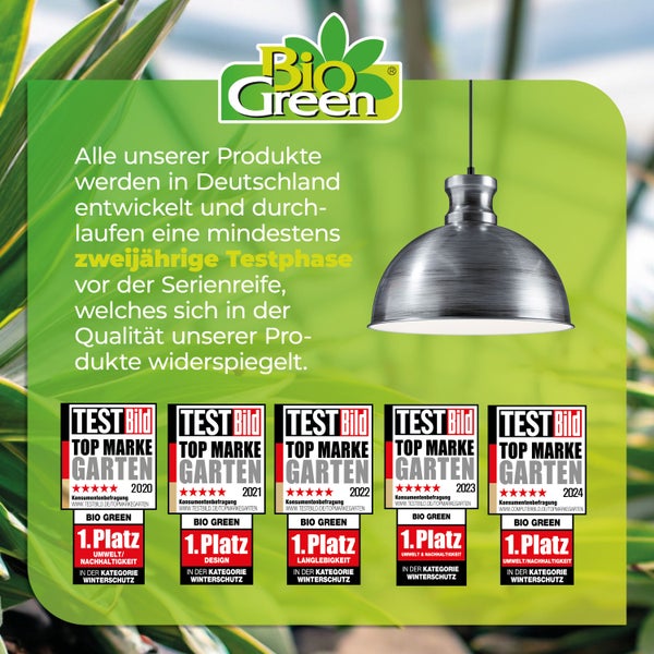 Bio Green Logo, eine Hängeheizung und fünf Test Bild Auszeichnungen als Top Marke Garten für Winterschutz von 2020 bis 2024.