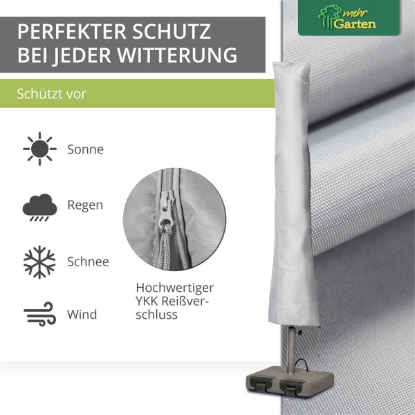 Mehr Garten - Premium PROTECT Sonnenschirm-Abdeckung, 195(H)x30/55(B) cm I Schirm rund bis Ø 350 cm I Gartenmöbel-Schutzhülle wasserdicht, UV-beständig, atmungsaktiv, Gewebe I Taupe/Hellgrau