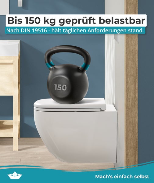 Wandhänge WC mit auf dem Deckel platzierter Kettlebell als Symbol für eine geprüfte Belastbarkeit von 150 Kilogramm gemäß Norm DIN 19516.