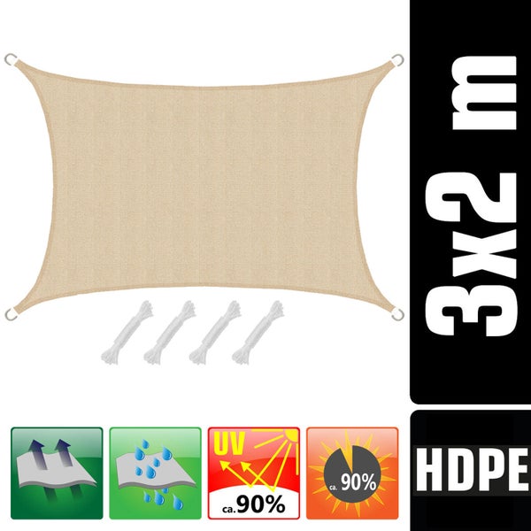 AMANKA UV Sonnensegel - 3x2 m HDPE Rechteckig - Sonnenschutz Plane Überdachung Garten Balkon Beige