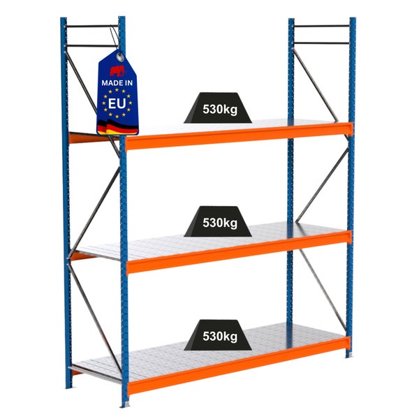 Lagerregal mit drei Ebenen und Traglastangabe von 530 Kilogramm je Ebene