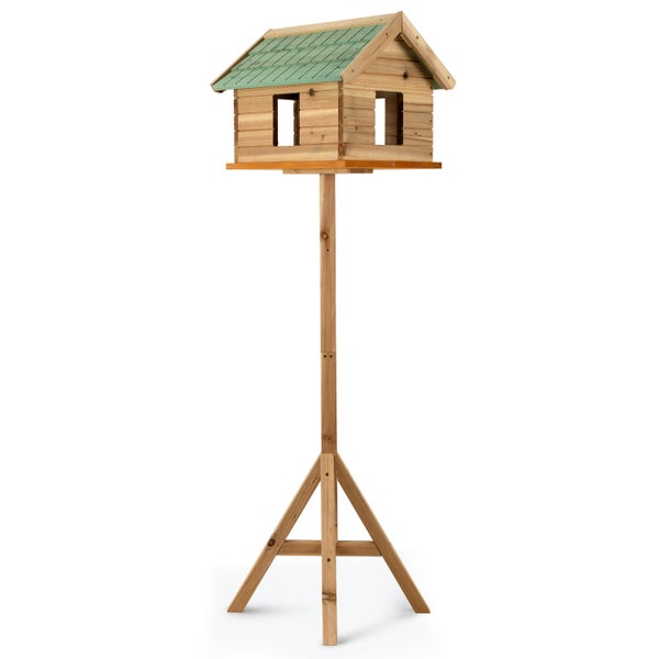 Vogelhaus aus Holz mit Dach und Ständer zur freistehenden Platzierung im Garten