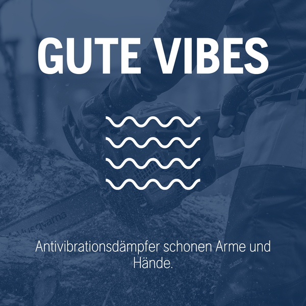 Eine Person bedient eine Kettensäge mit Vibrationsdämpfung für Arme und Hände.