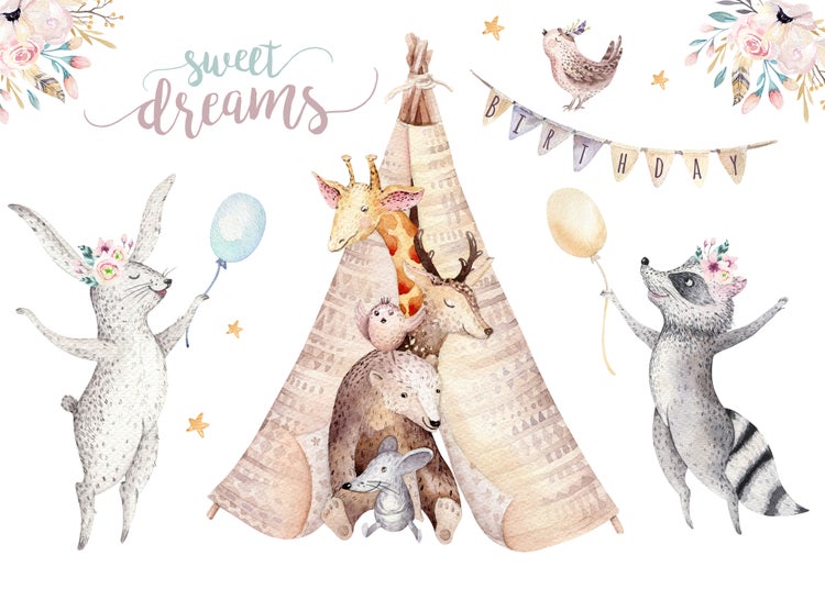 Wandsticker für Kinderzimmer mit Tieren im Aquarell-Stil, Tipi, Luftballons, Girlande und Schriftzug sweet dreams.