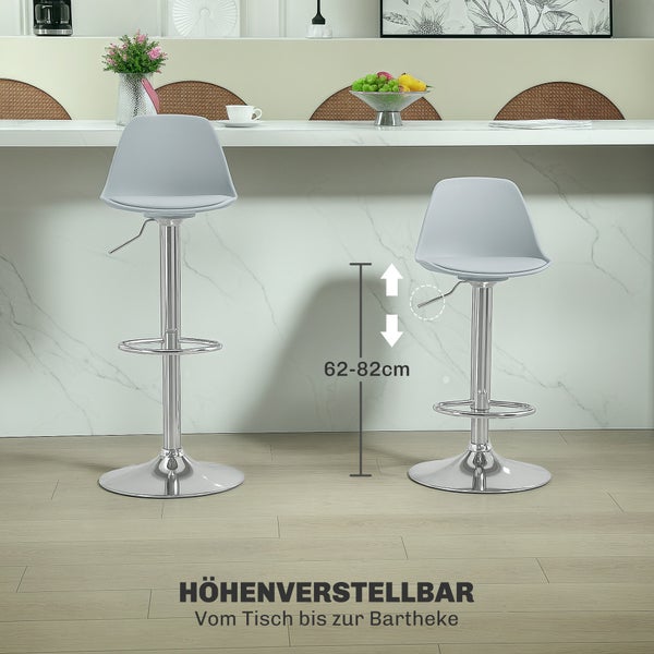 HOMCOM Barhocker 2er Set, Gepolstert Barstuhl mit Stahlgestell, Lehne, Höhenverstellbar Küchenstühle mit Fußstütze 360° Drehbar Tresenhocker für Küche, Wohnzimmer, Esszimmer, Kunstleder Grau