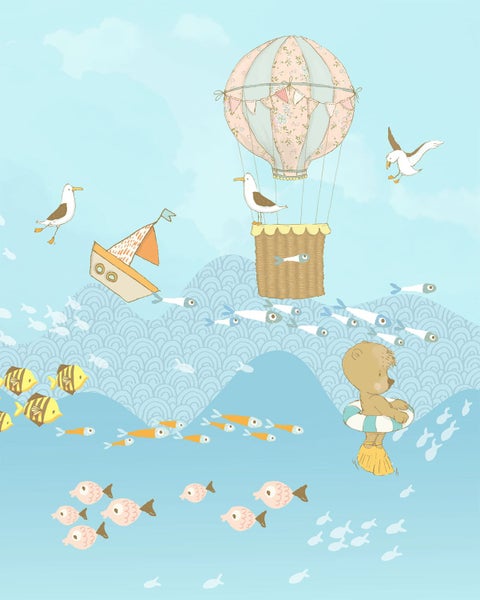 Illustration einer maritimen Szene mit Heißluftballon, Boot, Möwen, Fischen und Bär mit Schwimmreifen