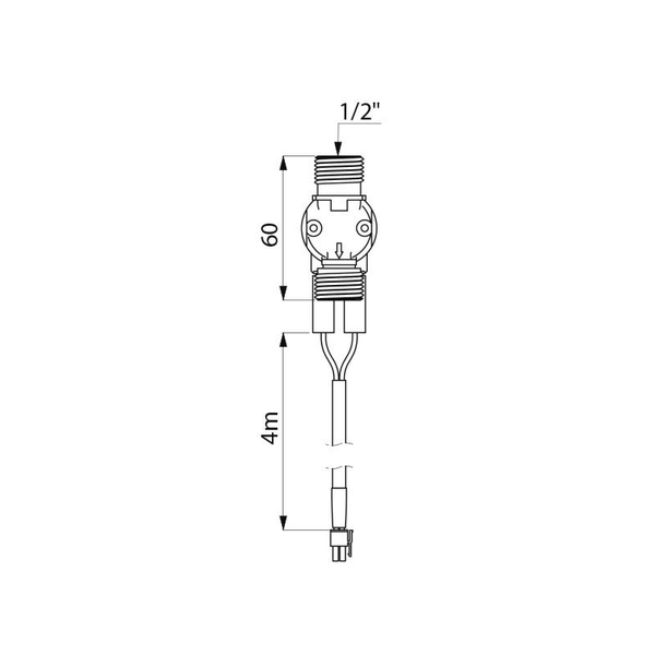 Technische Zeichnung eines Magnetventils mit einem halben Zoll Gewinde und vier Meter Kabel.
