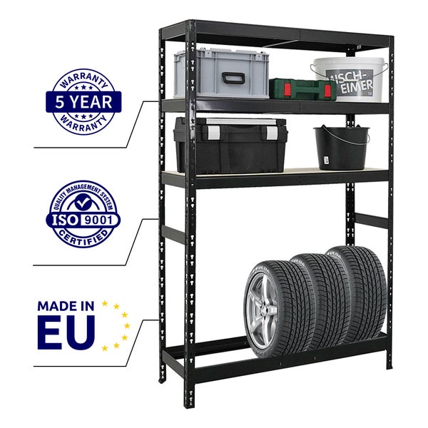 PROREGAL Reifenregal Tiger HxBxT 180 x 120 x 40 cm bis zu 6 Reifen auf 1 Ebene + 3 Ablagen Schwarz