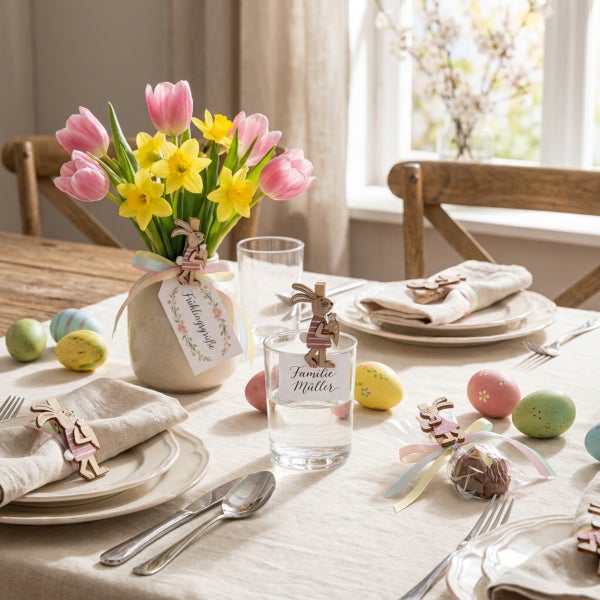 Festlich gedeckter Ostertisch mit Tulpen und Narzissen in einer Vase, dekoriert mit Holzosterhasen, Ostereiern und Platzkarten.