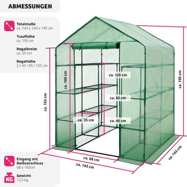 Abmessungen des Foliengewächshauses mit Regal und Reißverschlussöffnung