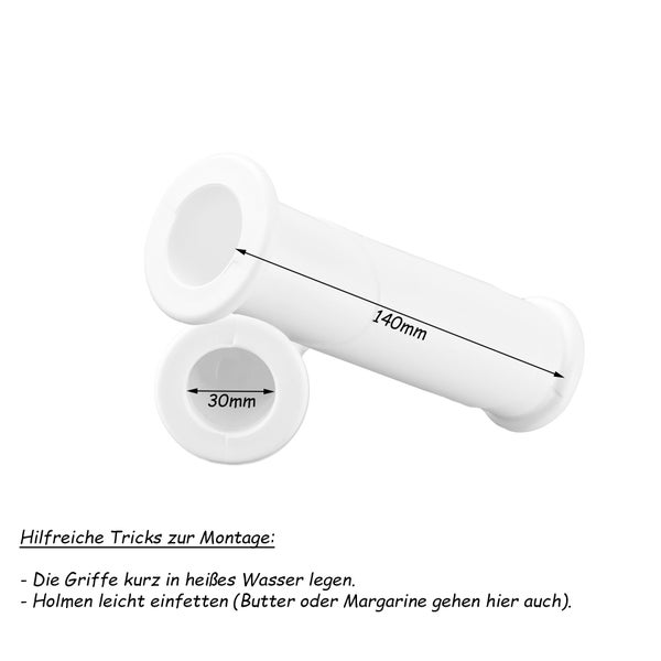 Zwei weiße Lenkergriffe, einer 140 mm lang, der andere 30 mm breit.
