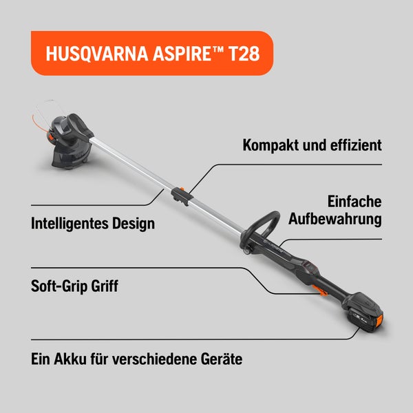 Husqvarna Aspire T28 Akku-Rasentrimmer mit intelligentem Design, Soft-Grip und einfacher Aufbewahrung
