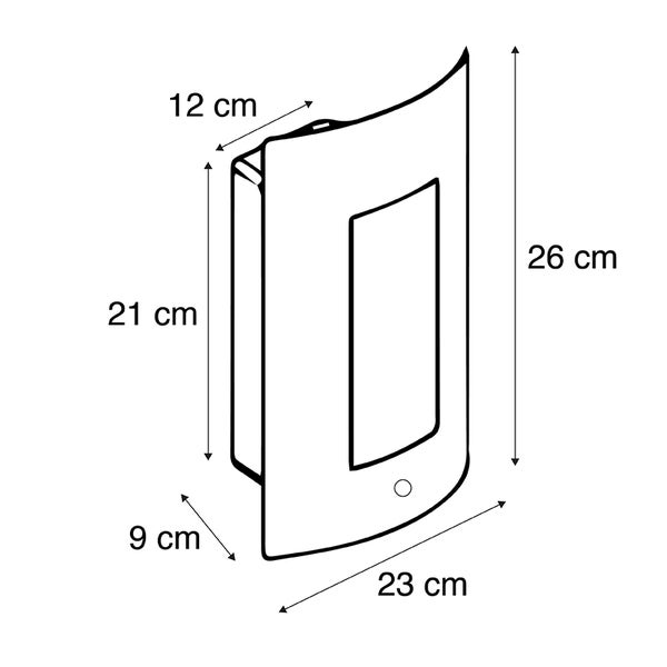 Skizze einer Außenwandleuchte mit Maßangaben: Höhe 26 Zentimeter, Breite 23 Zentimeter und Tiefe 9 Zentimeter.