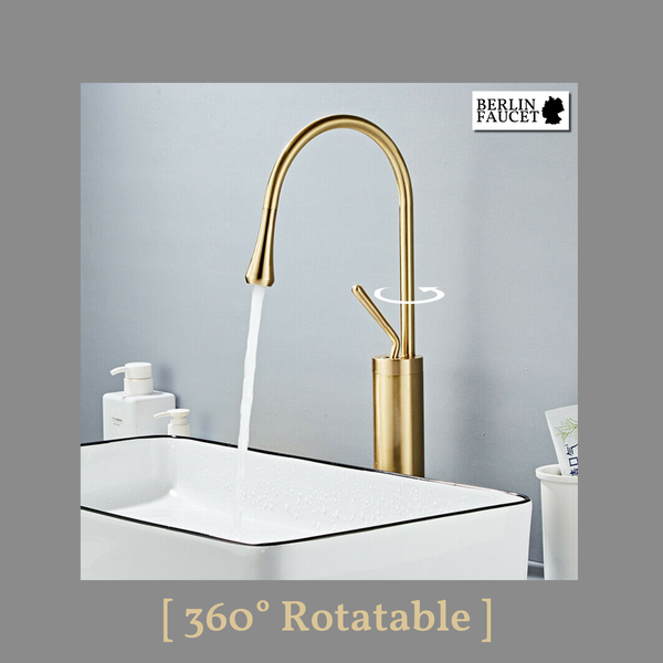Hohe Waschtischarmatur mit schwenkbarem Auslauf um 360 Grad und Berlin Faucet Logo am Waschbecken