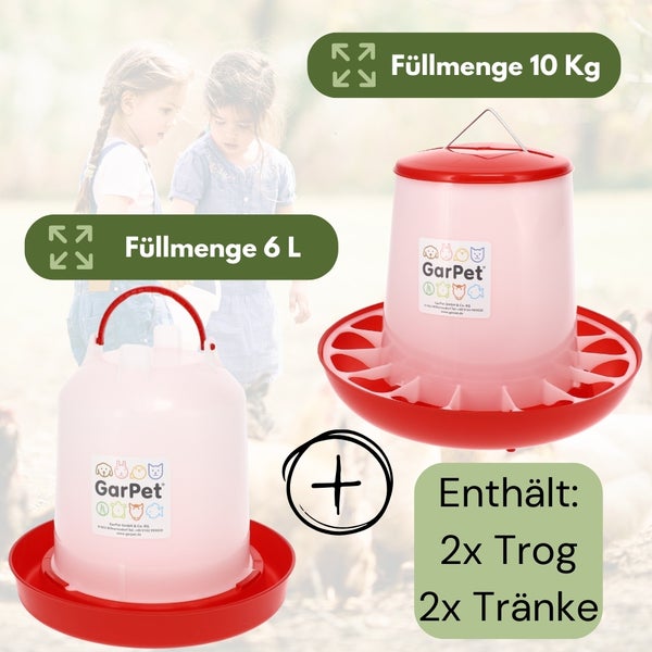 Zwei GarPet Futtertröge und zwei Tränken für Geflügel