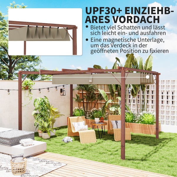 Outsunny Pergola ca. 3x4m Garten Pavillon mit magnetischen Pad, Terrassendachung aus Aluminium, Gartenpavillon mit verstellbares Dach, Freistehend, UV Schutz 30+, für Terrasse und Garten, Naturholz