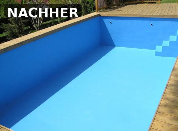 Renovierter Swimmingpool mit frischem blauem Anstrich und einer Terrasse aus Holz.