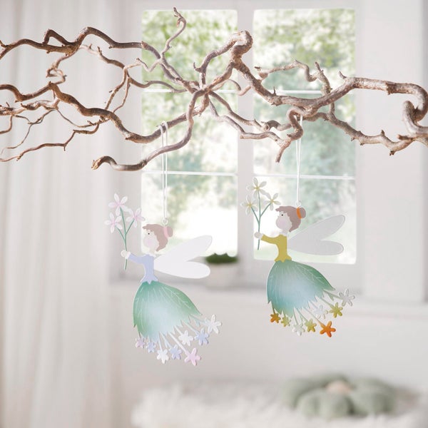 FRANK FLECHTWAREN|Hänger Fee mit Blütenkleid, 2er Set, 17 x 10 cm, METALL, GUMMI