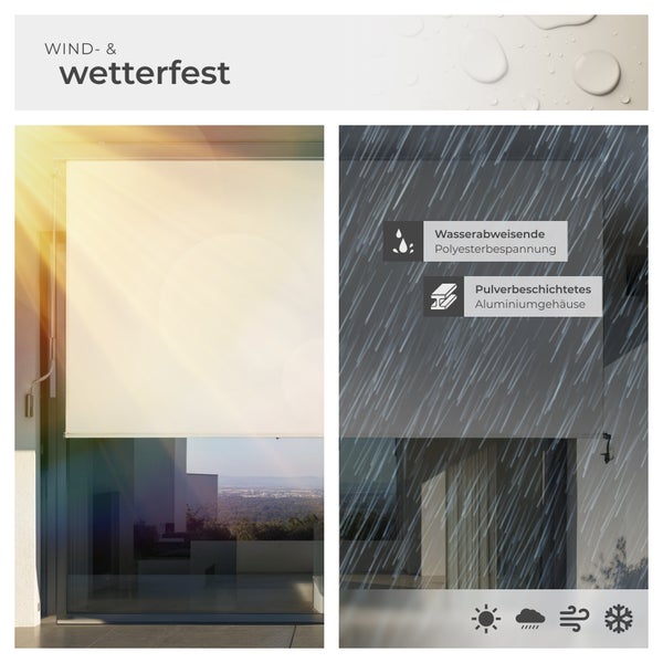 Abbildung einer wetterfesten Rollo mit wasserabweisendem Polyestergewebe und pulverbeschichtetem Aluminiumgehäuse.