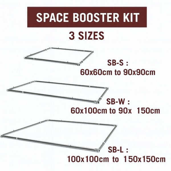 Drei verstellbare Space Booster Kits in den Größen SB-S, SB-W und SB-L von 60 mal 60 bis 150 mal 150 Zentimeter.