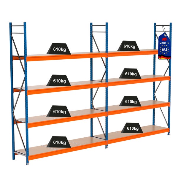 Regal mit mehreren Ebenen und einer Traglast von 610 Kilogramm pro Ebene, Hergestellt in der EU Kennzeichnung