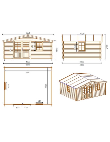 Technische Zeichnung eines Gartenhauses aus Holz mit Bemaßungen, Grundriss, Front- und Seitenansicht sowie einer isometrischen Darstellung.