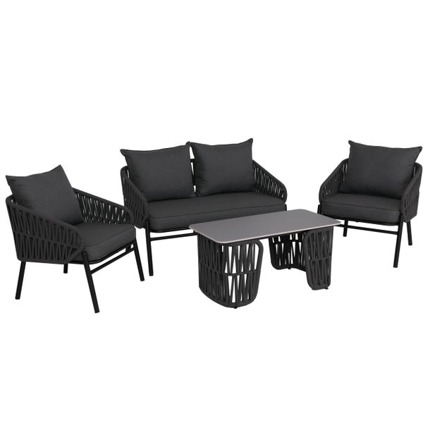 Garten-Lounge-Set bestehend aus einem Zweisitzer-Sofa, zwei Sesseln und einem Tisch mit Seilgeflecht und Polstern.