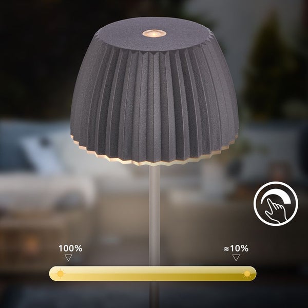 Tischleuchte mit plissiertem Schirm, Touch-Funktion zur Dimmbarkeit zwischen 100 Prozent und circa 10 Prozent Helligkeit.