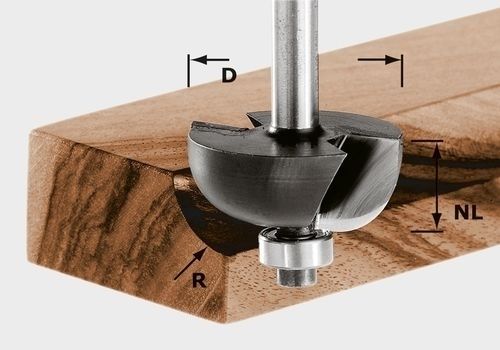 Hohlkehlfräser mit Anlaufkugellager fräst eine Rundung in Holz, technische Zeichnung mit Durchmesser D, Nutzlänge NL und Radius R.